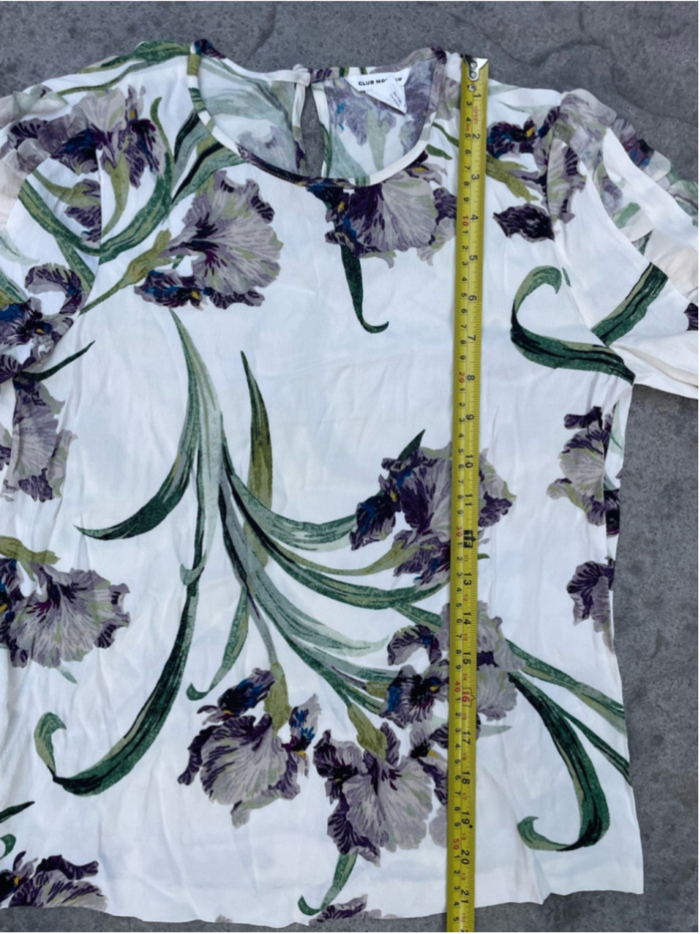Club Monaco White Blouse with Purple Floral Print and Ruffle Sleeves - Picture 7 of 8